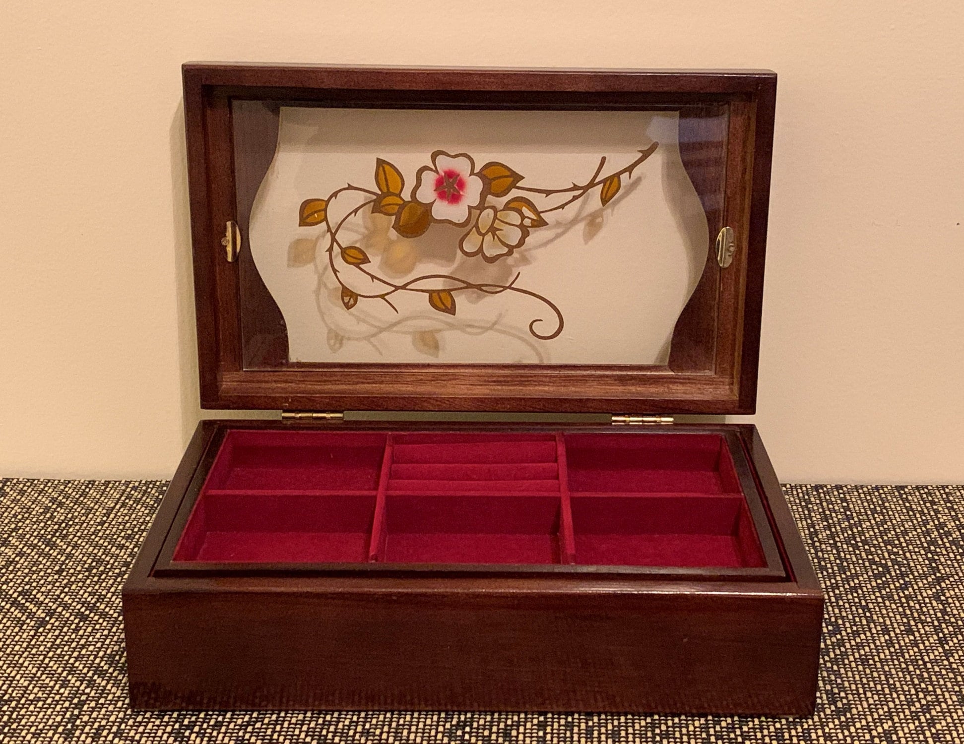 Vintage Solid Wood Jewelry Box Storage, Stained Glass Top, Removable