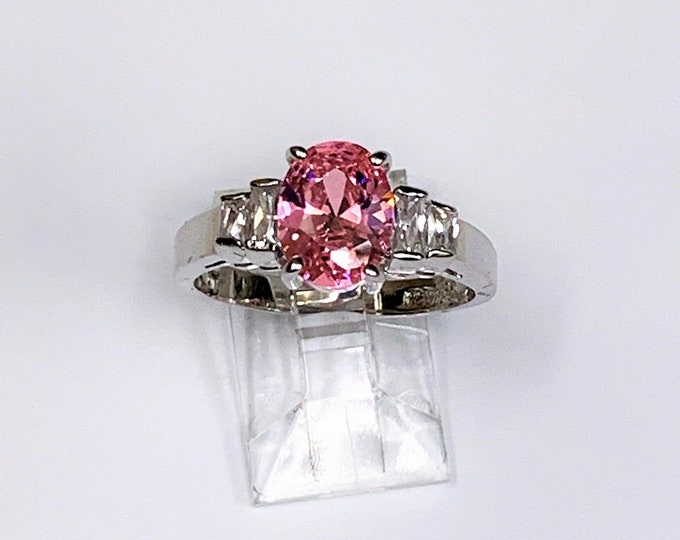 Sterling Silver - Rhodium Engagement Ring, Oval Pink Full Cut CZ 9X7 mm, Accenred with Straight Colorless Baguettes, Size 8 1/4