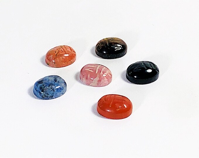 6 Carved Natural Gemstone Egyptian Scarabs, Gems: Tiger Eye, Coral, Onyx, Azulite, Jasper & Pink Rhodonite. 8 X 6mm. Free US Shipping.