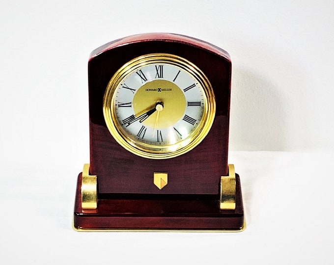 Howard Miller 'Braemore' Solid Brass & Mahogany Piano Finish Wood Alarm Clock. Serviced, 6.5" T. 6" W. Works Perfect. Free US Shipping.