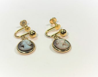 Vintage 12K Gold Filled Dangle Carved Abalone Cameos Dangle Earrings, Screw Backs (Non Pierced), 12X10 mm Cameos, 1950's. Free US Shipping.
