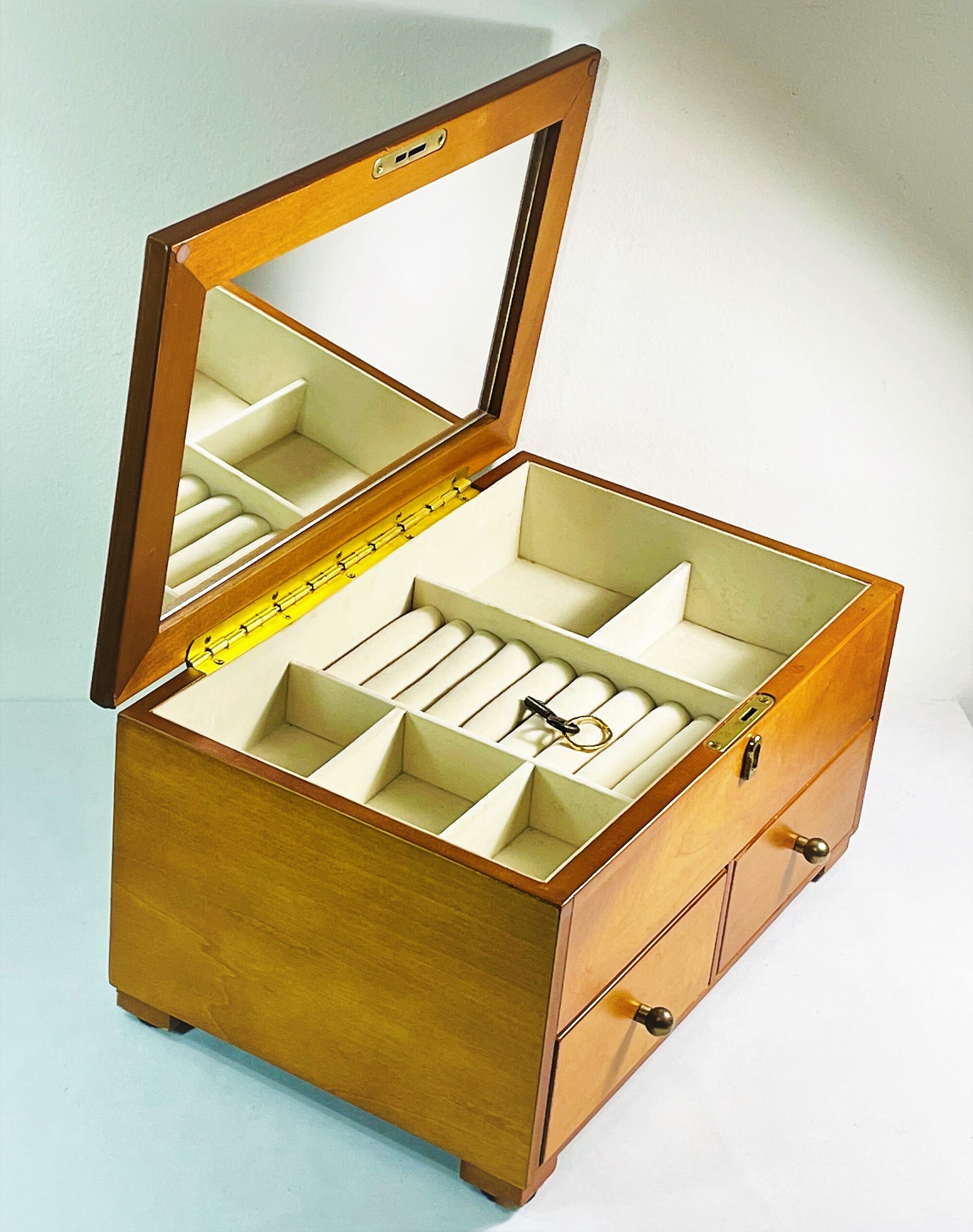 Vintage Large Wood Jewelry Chest, Key Lock, 13 W. 8.5 L. 7 T. Large