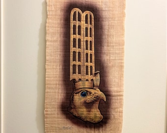 Vintage Hand Painted Egyptian Papyrus, Realistic Art, Depicts God Horus The Falcon, 3D Impression 20 X 11". 50 X 28 cm, By Monsef Labib.