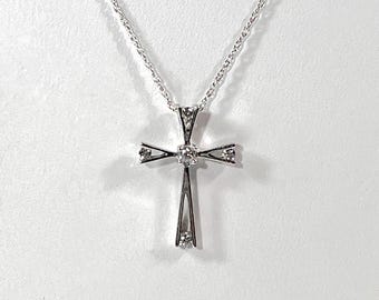 10K Solid White Gold Diamond Cross Necklace, 5 Round Brilliant Natural Diamonds .16 Carat. 3/4" X 1/2", 22" Long Chain. Free US Shipping.