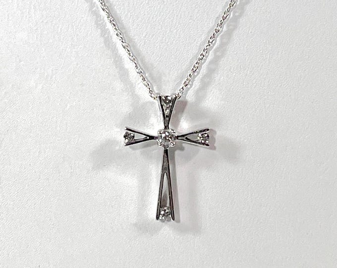 10K Solid White Gold Diamond Cross Necklace, 5 Round Brilliant Natural Diamonds .16 Carat. 3/4" X 1/2", 22" Long Chain. Free US Shipping.