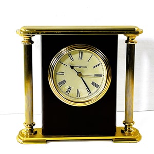 Howard Miller Table Clock: Brass & Rosewood Veneer, Fluted Columns