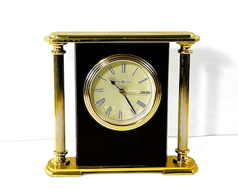 Howard Miller Encore™ Table Clock 645-104. Solid Brass & Gloss Rosewood Veneers, Fluted Columns, 7.5" W X 6.5" H. Serviced, FREE US SHIPPING