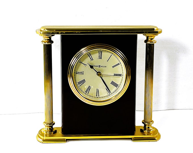 Howard Miller Encore™ Table Clock 645-104. Solid Brass & Gloss Rosewood Veneers, Fluted Columns, 7.5" W X 6.5" H. Serviced, FREE US SHIPPING