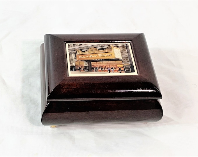 Sankyo Music Jewelry Box, Tune: Music Of The Night. Historic Chicago Theater Plaque, Mahogany Piano Finish, Red Velvet Lining, 5" W. 4" L.