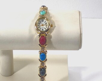 Vintage Concept® Egyptian Scarabs Watch, Japan Quartz, 8 Lucite Gem Colors  Scarabs 9X7mm. Gold Tone, Serviced. 7" L. Free US Shipping