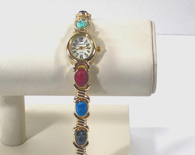 Vintage Concept® Egyptian Scarabs Watch, Japan Quartz, 8 Lucite Gem Colors  Scarabs 9X7mm. Gold Tone, Serviced. 7" L. Free US Shipping