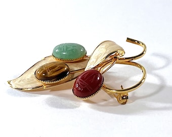 VTG Estate Gemstone Scarab Enameled Brooch. 18K RGP, 3 Carved Scarabs, Jade, Tiger's Eye & Red Coral 14X11mm, 2.5" L. 2" W. Free US Shipping