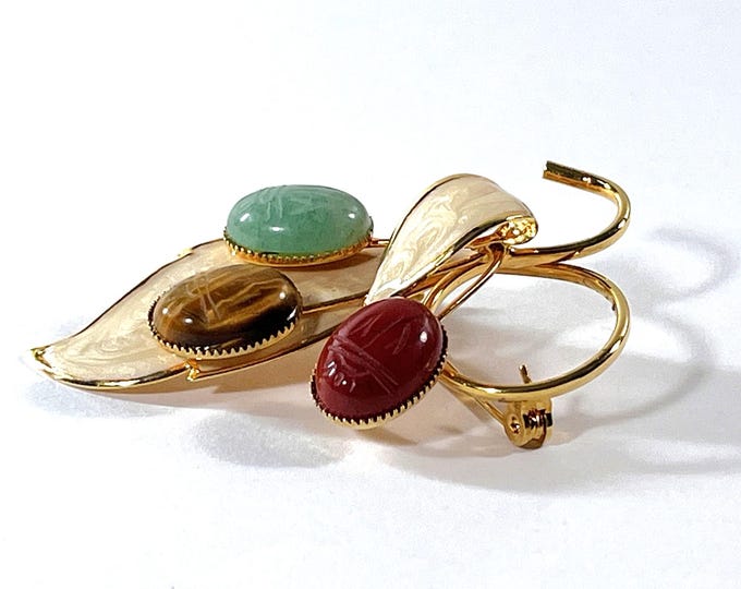 VTG Estate Gemstone Scarab Enameled Brooch. 18K RGP, 3 Carved Scarabs, Jade, Tiger's Eye & Red Coral 14X11mm, 2.5" L. 2" W. Free US Shipping
