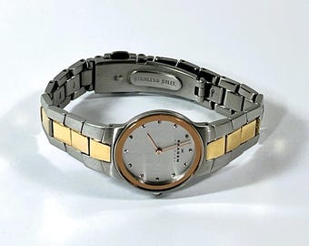 Skagen™ Denmark Bracelet Band Slim Watch, Two Tone All Stainless Steel, 26mm Case, 16mm Lugs, Gold Crystal Rim, Serviced, Free US Shipping