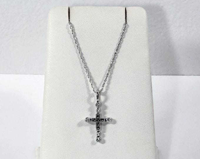 Vintage Judith Jack™ Sterling Silver Marcasite & White Topaz Cross Necklace, 1" Cross, 19" Chain, Signed. Free US Shipping.