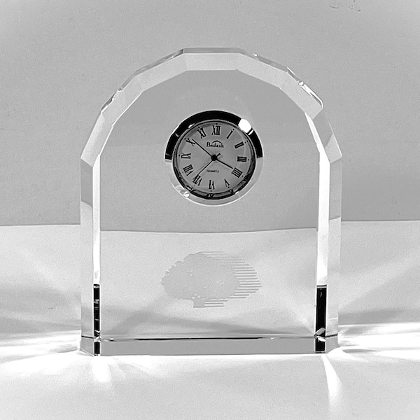 Exquisite Badash™ Optic Crystal Arched Clock, Etched Tree on Front, Precision Quartz, 4.5" T. 4" W. Mint Condition. Boxed.Free US Shipping