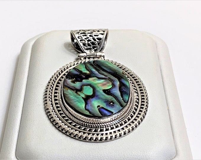 Abalone Shell Sterling Silver Pendant - Slide, Large Fiery Stone 30X25 mm, 2 1/2" Long - 1 3/8" Wide, 19.00 Grams.