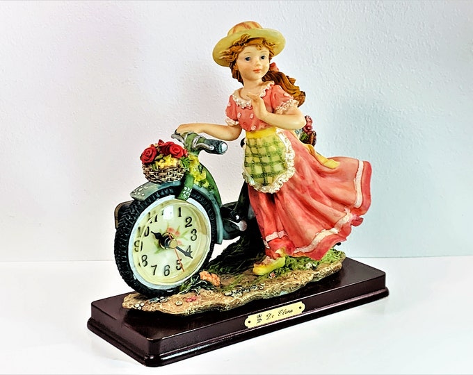 De Elina Figurine Clock, Girl & Her Bike, Colorful Beautiful with Amazing Details, Works Perfect, Restored, 9" T. 9" W. Free US Shipping