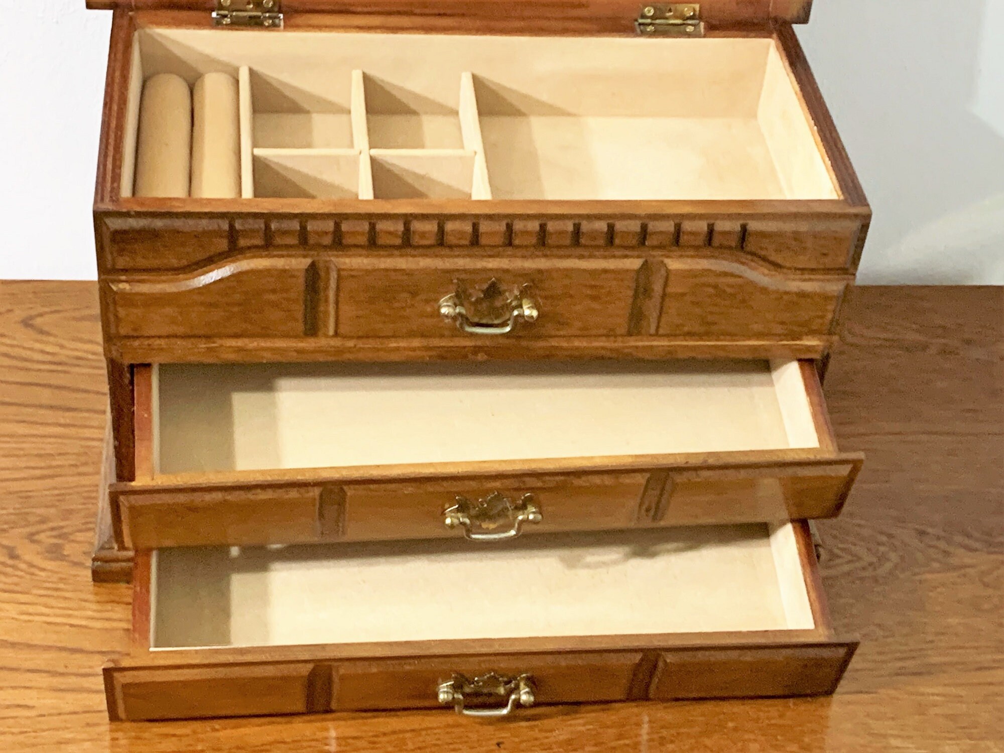 Vintage Solid Wood Jewelry Chest, Hinged Lid W/Mirror and