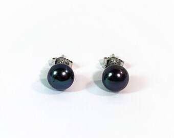 Sterling Silver Black Natural Fresh Water Pearl Studs, 7.5mm Round, Beautiful Luster & Smooth Surface. Free US Shipping.