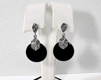 Vintage Sterling Silver Black Onyx & Marcasite Dangle Earrings, Victorian Style, 1.5" long, 7.5 Grams, Refinished. Free US Shipping.