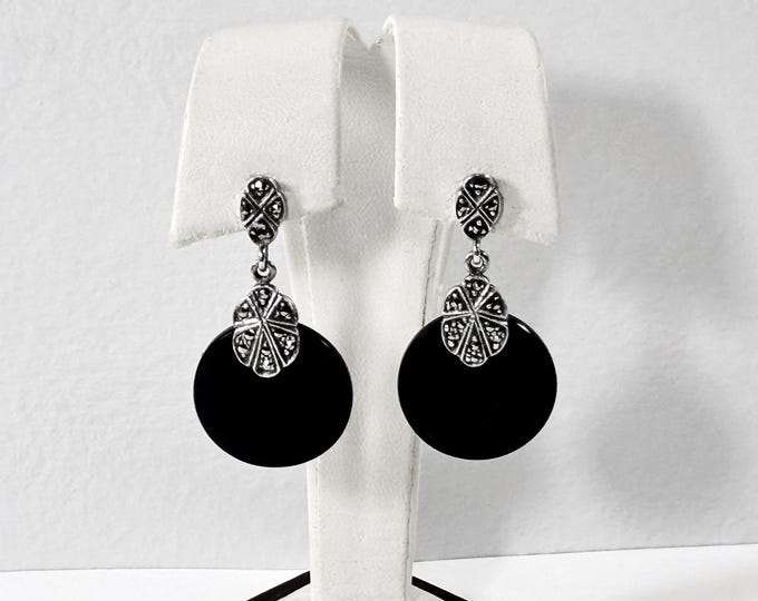 Vintage Sterling Silver Black Onyx & Marcasite Dangle Earrings, Victorian Style, 1.5" long, 7.5 Grams, Refinished. Free US Shipping.