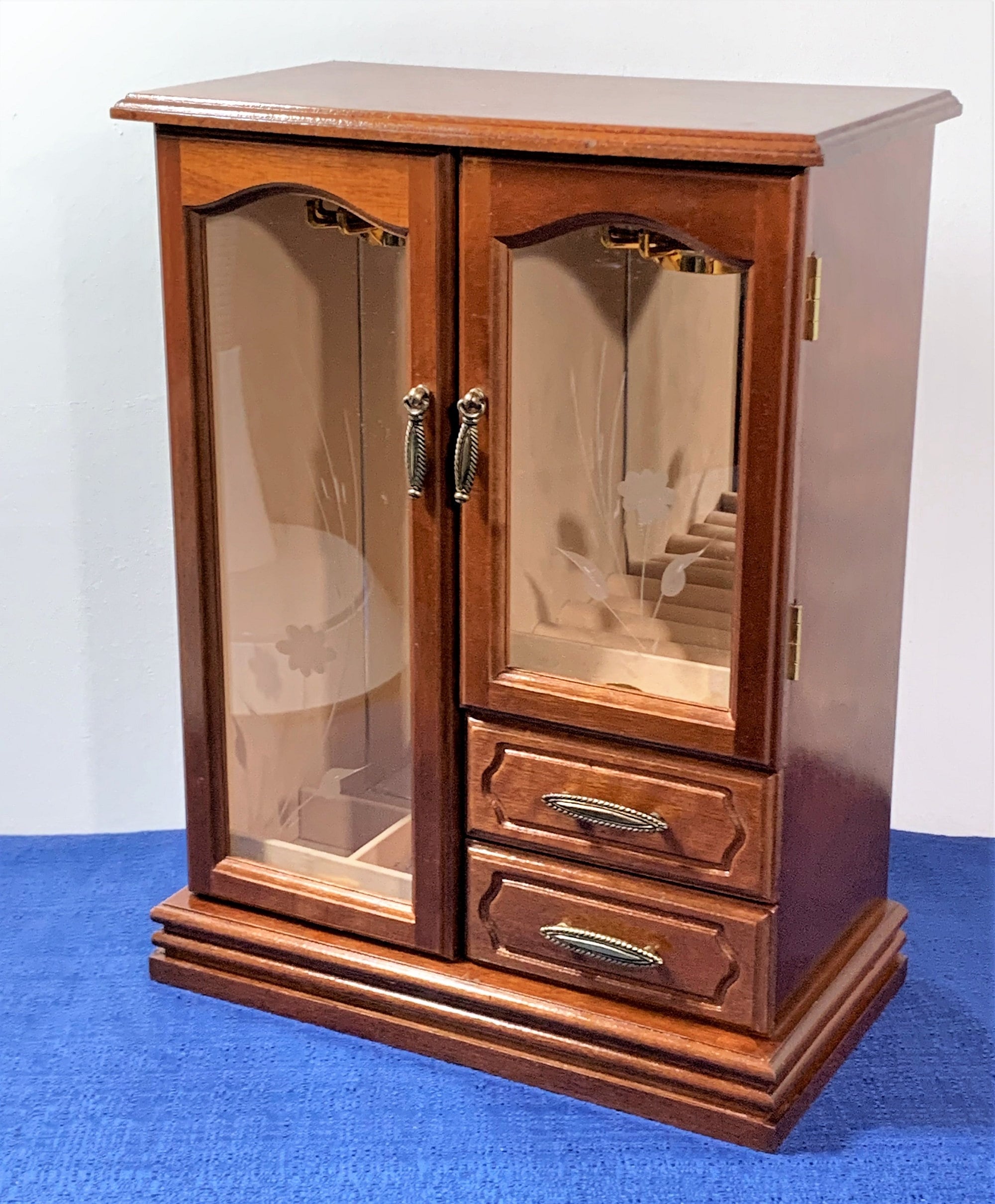 Vintage Large Solid Wood Jewelry Armoire Chest, 2 Doors W/ Etched Glass