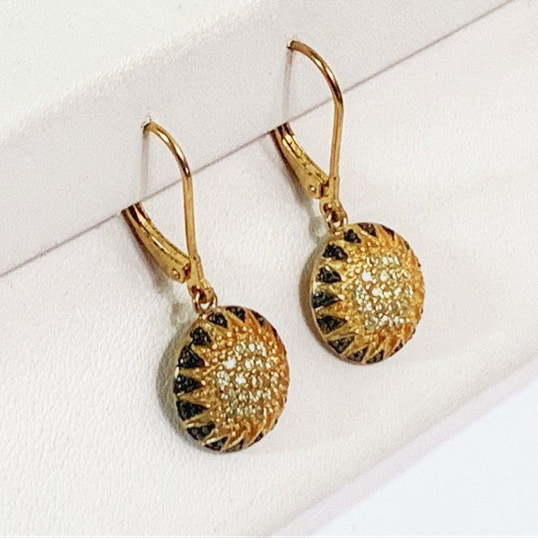 Sterling Silver 18K Gold Vermeil Pave Faceted CZ Dangle Earrings, Blacked Edges, Lever Backs, 1" Drop, 1/2" Domed Circle. Luxurious.