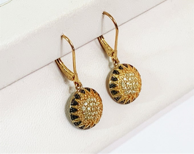 Sterling Silver 18K Gold Vermeil Pave Faceted CZ Dangle Earrings, Blacked Edges, Lever Backs, 1" Drop, 1/2" Domed Circle. Luxurious.