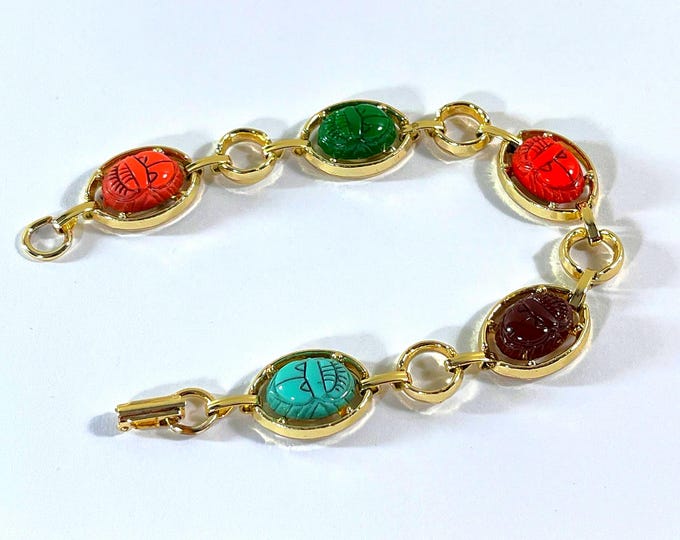 Vintage Gold Tone Egyptian Scarab Bracelet, 5 Multi Color Lucite Scarabs 12X10mm, Fold Clasp, Excellent Condition. 7.5" L. Free US Shipping
