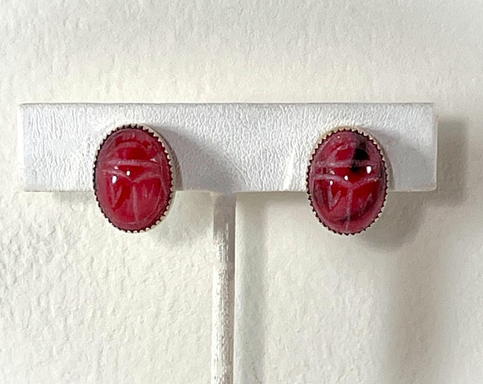Vintage Cassell® 12K Gold Filled Carved Pink Rhodonite Scarab Earrings, Large 16X12mm Gems. Screw Backs (Non Pierced), Free Us Shipping