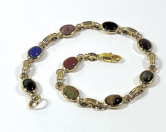 Vintage 18K GF Carved Gemstone Scarab Bracelet, 9 Scarabs 8X6mm, Jade, Coral, Unakite, Tiger Eye, Onyx Etc. 7.5" L. Free US Shipping