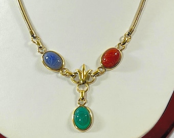Vintage 1950's A&Z™ 12K Gold Filled Scarab Necklace, 3 Gemstone Scarabs. 2.5mm Snake Chain, 15 Grams. 14X10mm, 16" Long, Free US Shipping
