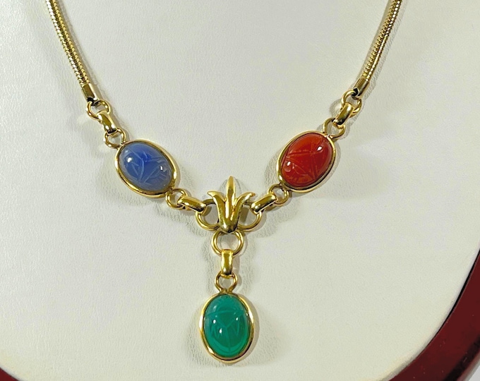 Vintage 1950's A&Z™ 12K Gold Filled Scarab Necklace, 3 Gemstone Scarabs. 2.5mm Snake Chain, 15 Grams. 14X10mm, 16" Long, Free US Shipping