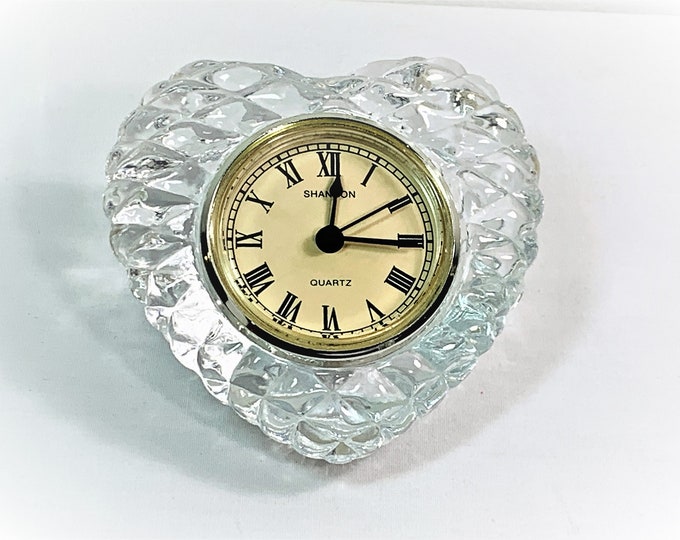 Shannon Crystal Designs of Ireland Heart Shaped Clock, Perfect Condition, Serviced, 5.5" W. 4.5" L. 3" D. 1980's. Free US Shipping