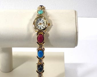 Vintage Concept® Egyptian Scarabs Watch, Japan Quartz, 8 Lucite Gem Colors  Scarabs 9X7mm. Gold Tone, Serviced. 7" L. Free US Shipping