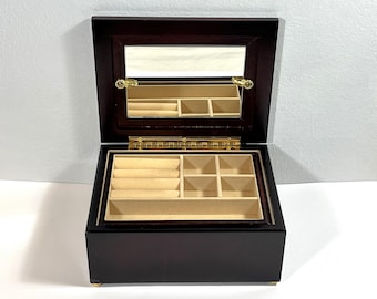 Carved Mahogany Wood Unique Jewelry Box, Movable Tray, Mirror, Picture Window, 4 Brass Feet, 7.5" W, 6" L. Mint. Free US Shipping.