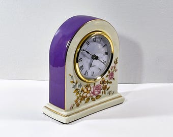 Vintage Godinger™ Porcelain Clock, Roses, Flowers & Purple Enamel, Large Dial, Top Grade, 6" T. 5.5" W. Serviced. Free US Shipping.