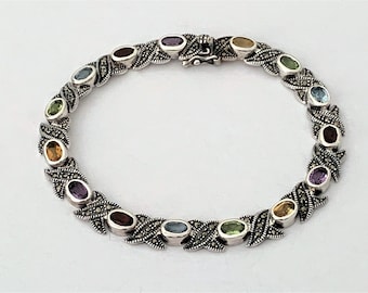 Vintage Sterling Silver Marcasite and Multi Gemstone Bracelet, 15 Oval Faceted Gems 6X4 mm, 7.5" L.  18 Grams, Free Us Shipping