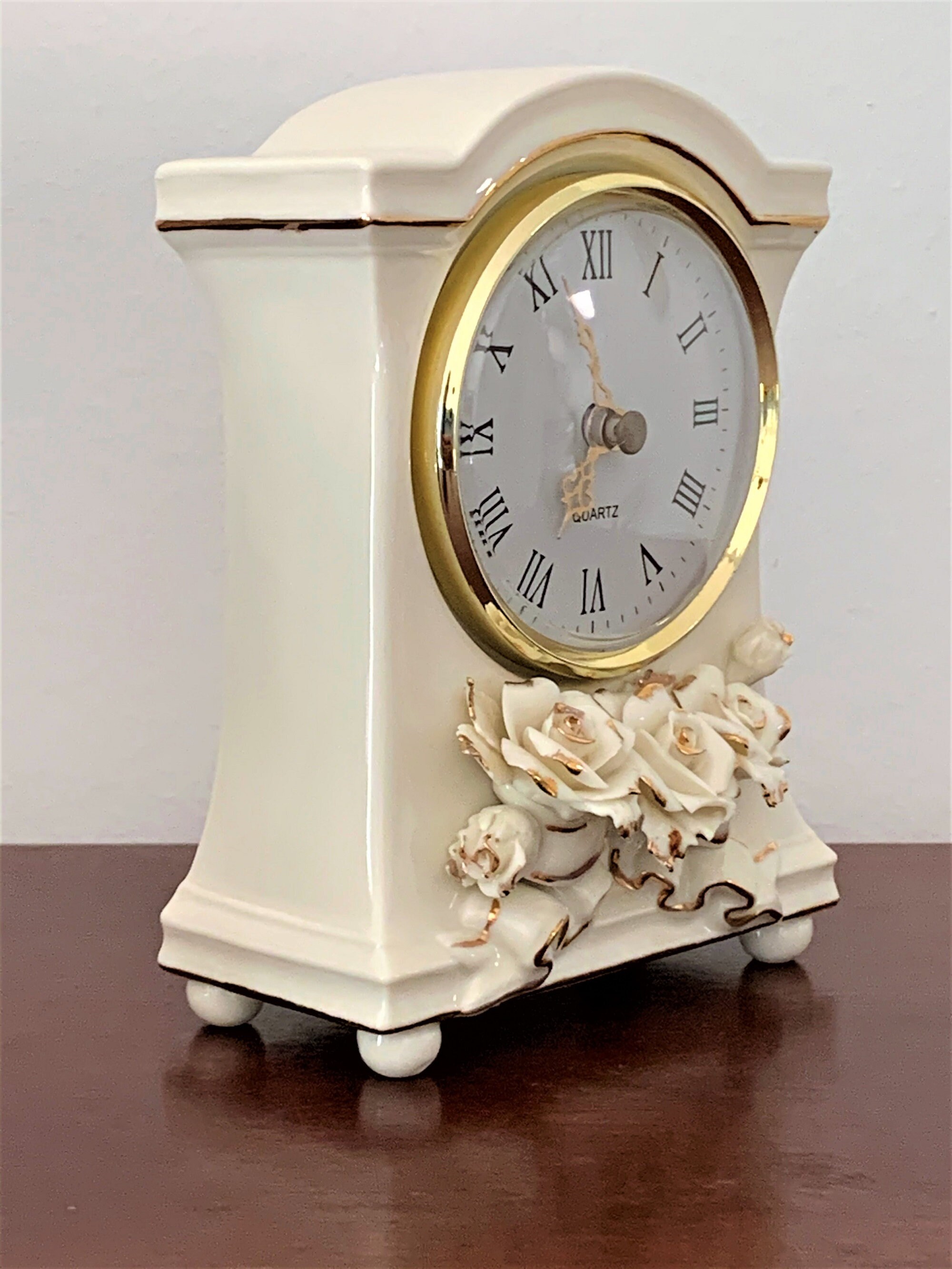 Avon Floral Porcelain Clock, 3D Roses, Cream and Gold, Large Dial W