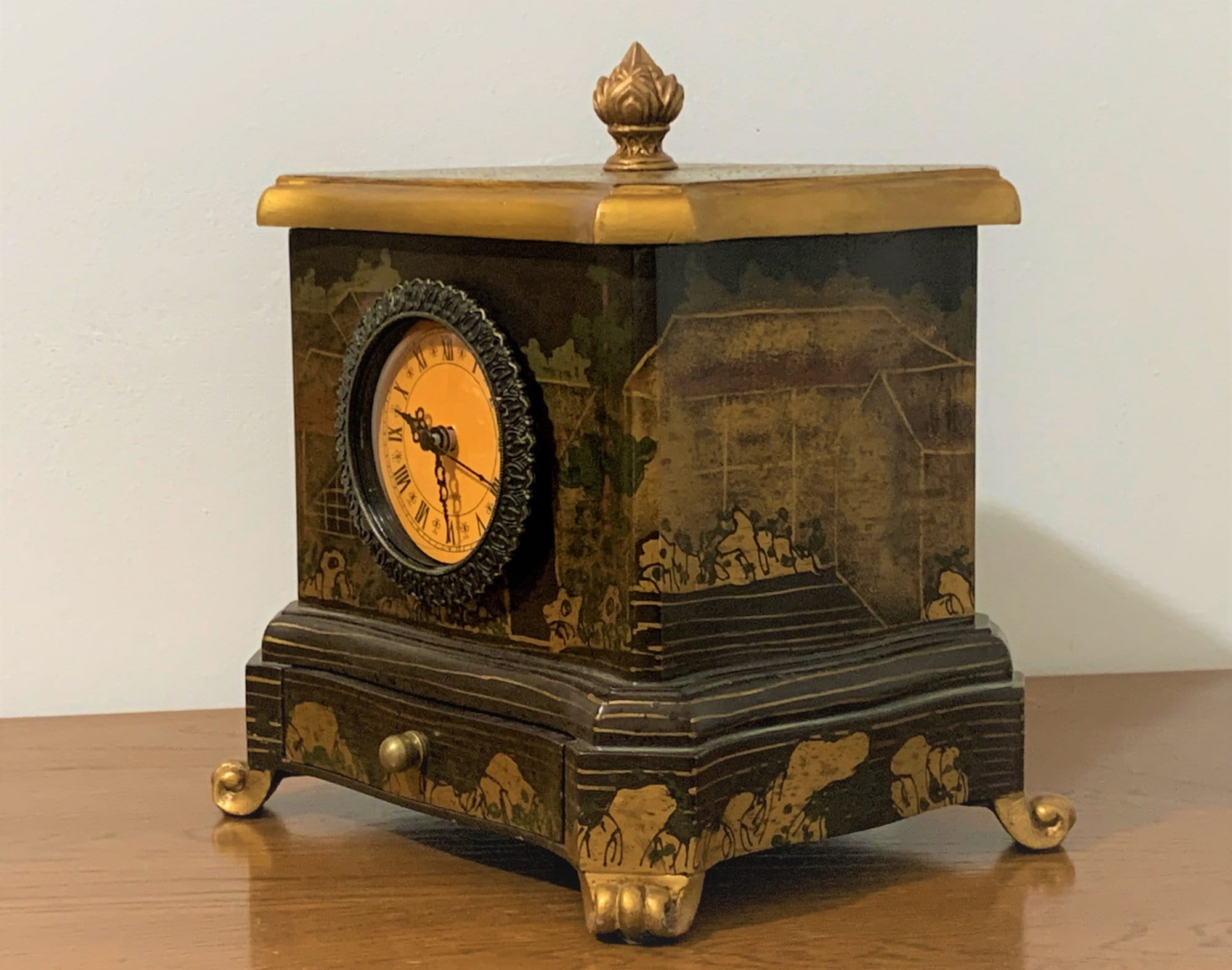 Vintage Large Decorated Wood Clock Trinket Storage Box, Removable Lid W