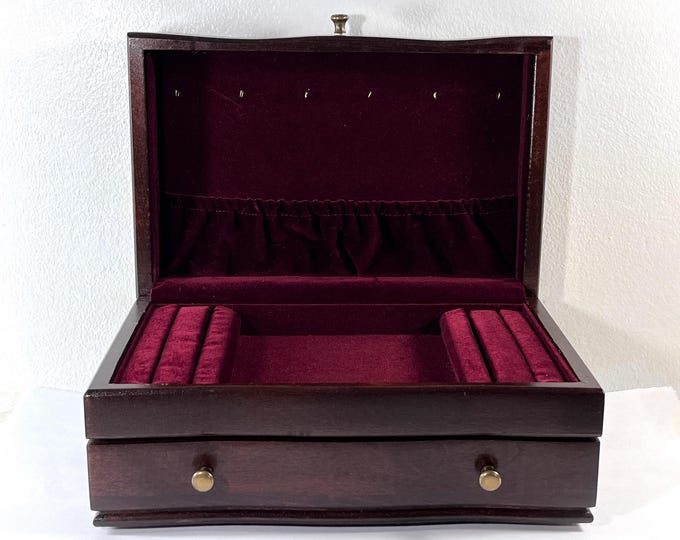 Vintage 1992 Carved Walnut Jewelry Chest, Velvet Lining, Brass Handles, Hangers, Pouch, Large Drawer, 11" W. 7" L. Restored,Free US Shipping