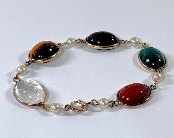 Vintage 14K Gold Filled Scarab Bracelet: Gemstone, Pearl, 1950s