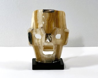 Vintage Mayan Aztec Inca Gemstone Burial Small Face Mask, Mosaic Agate & Abalone. 4.5" T. 3.5" W. Mexico. Free US Shipping.