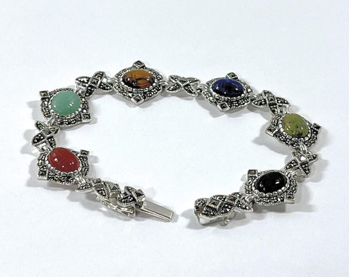 Vintage 1980's Sterling Silver Marcasite Scarab Bracelet. 6 Natural Gemstone Carved Scarabs 9X7mm. 21.70 Grams. Refinished, Free US Shipping
