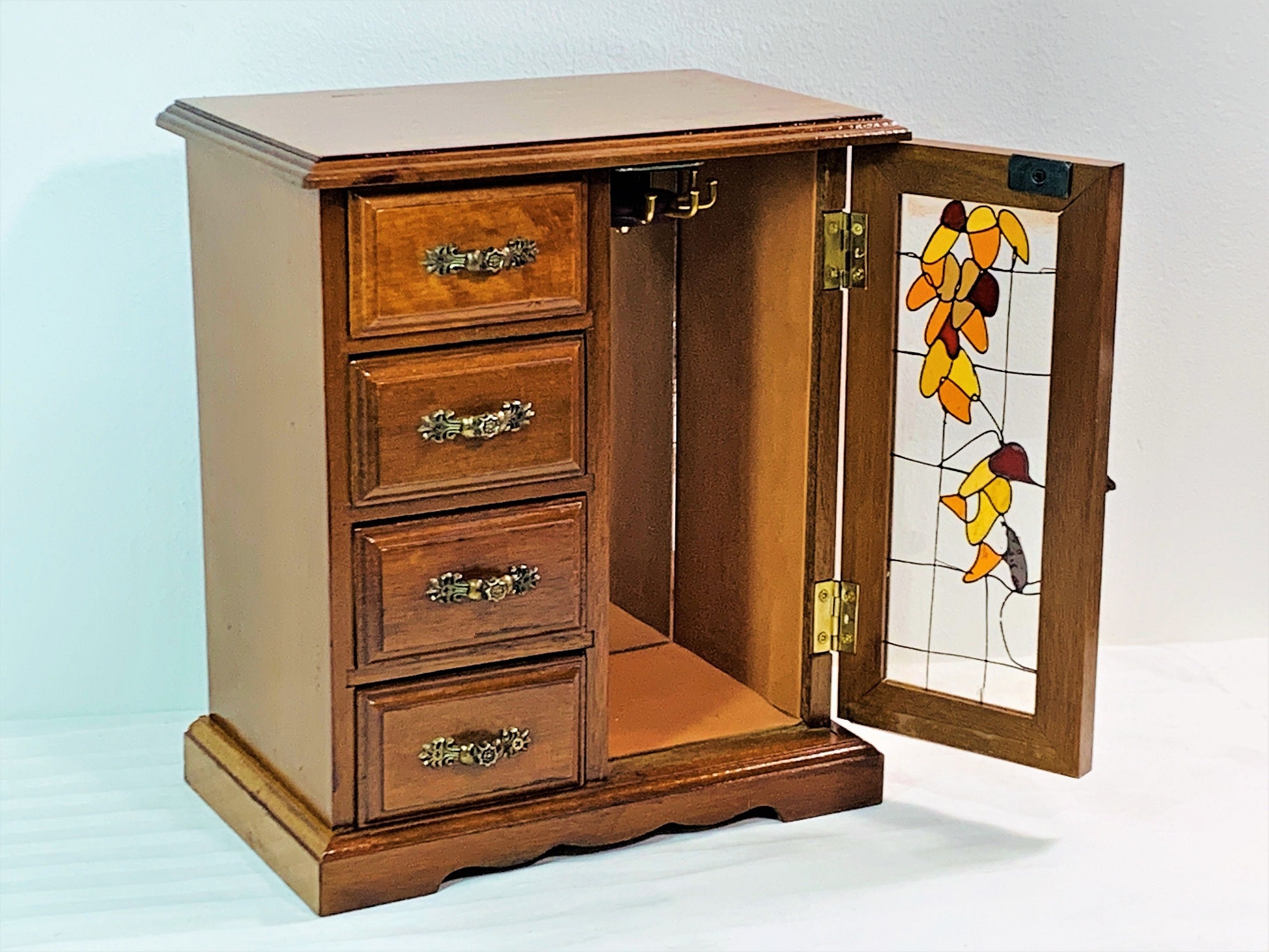 Vintage Wood Jewelry Armoire, Stained Glass Door, Hangers, Mirror, 4