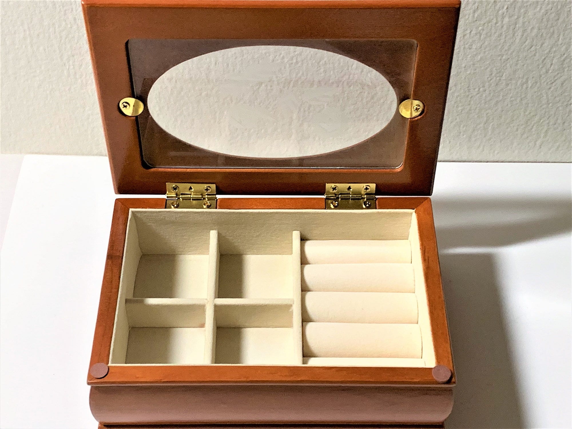 Vintage Solid Wood Smalll Jewelry Box, Etched Glass Top, Padded