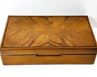 Vintage Carved Oak & Veneers Jewelry Valet Box, Ring Section, Hanger, 11" W. 6.5" L. Free US Shipping