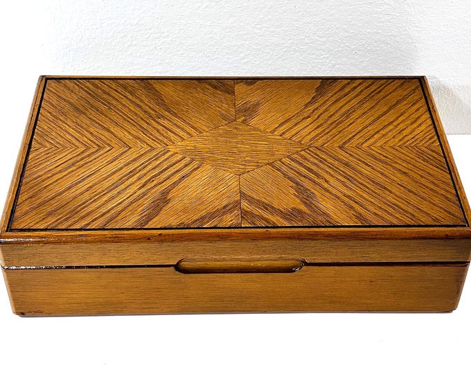 Vintage Carved Oak & Veneers Jewelry Valet Box, Ring Section, Hanger, 11" W. 6.5" L. Free US Shipping