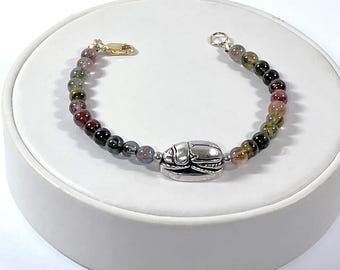 Vintage Sterling Scarab & Tourmaline Gemstone Beads Bracelet. Original Handmade, 14K GF Clasp, 7" L. Free US Shipping.